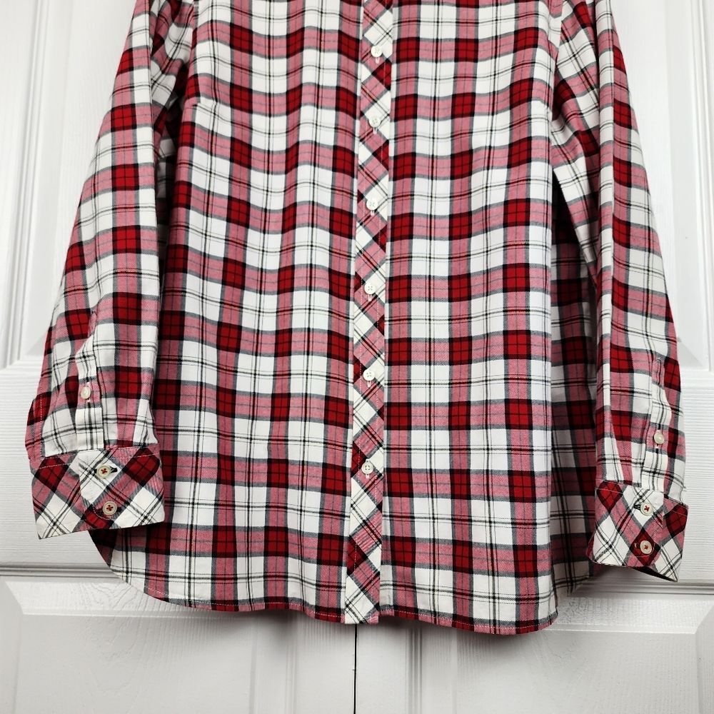 Talbots Plaid Button up Shirt Metallic Blouse Top Red White Black Cotton Size L - Picture 10 of 13